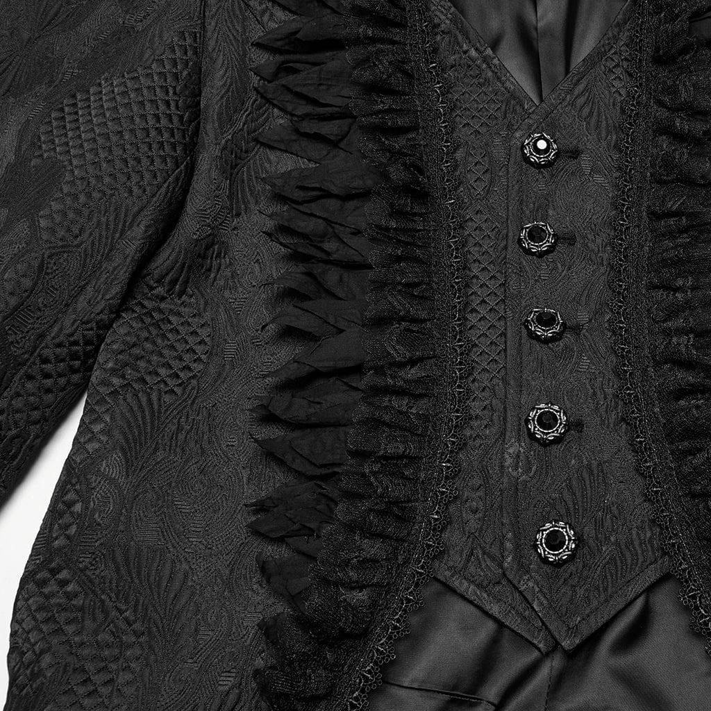 PUNK RAVE Men's Gothic Ruffled Lace Splice Jacquard Swallow-tailed Coat