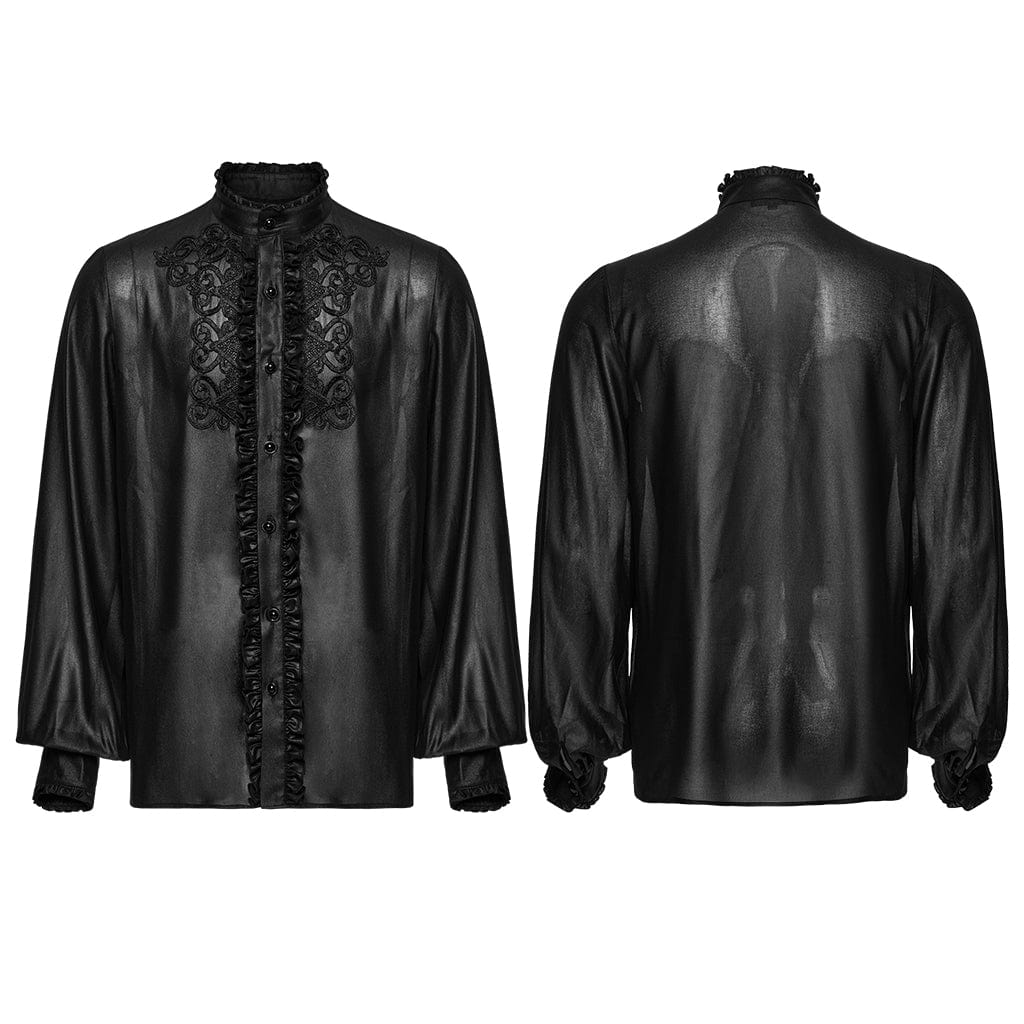 PUNK RAVE Men's Gothic Ruffled Stand Collar Embroidered Sheer Shirt Black