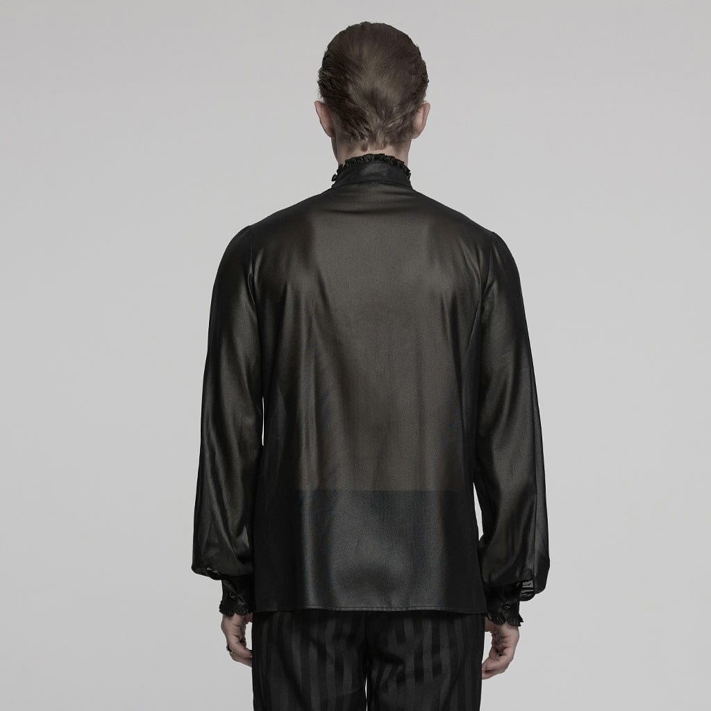 PUNK RAVE Men's Gothic Ruffled Stand Collar Embroidered Sheer Shirt Black