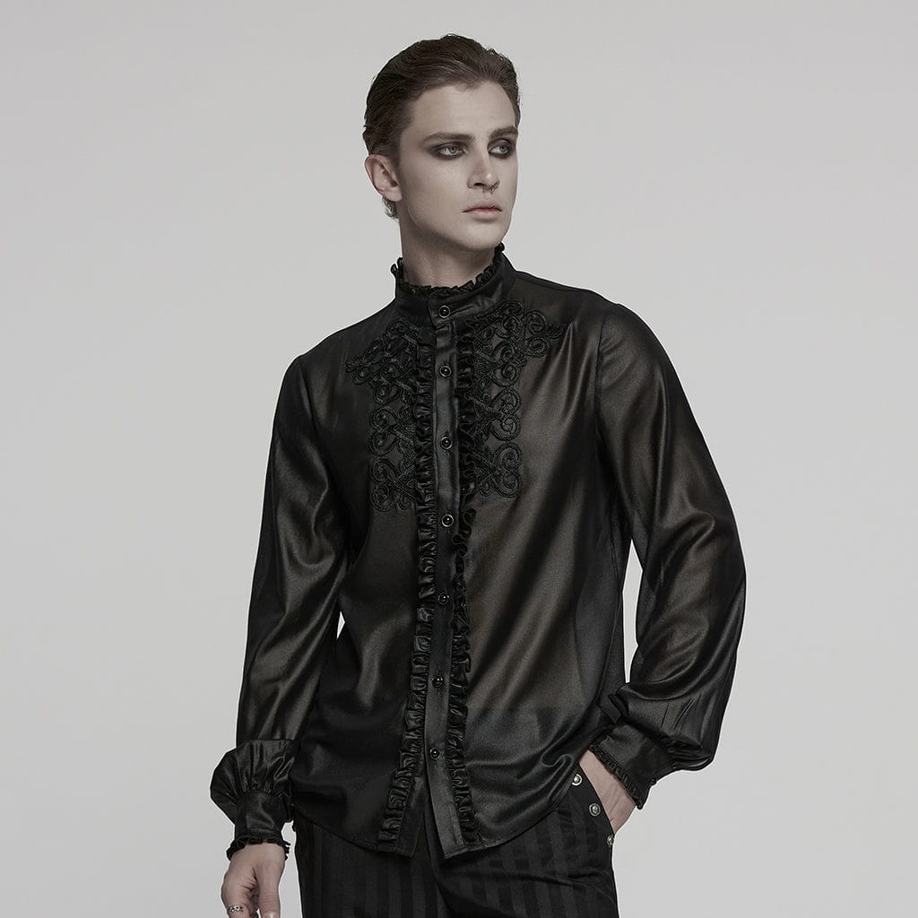 PUNK RAVE Men's Gothic Ruffled Stand Collar Embroidered Sheer Shirt Black