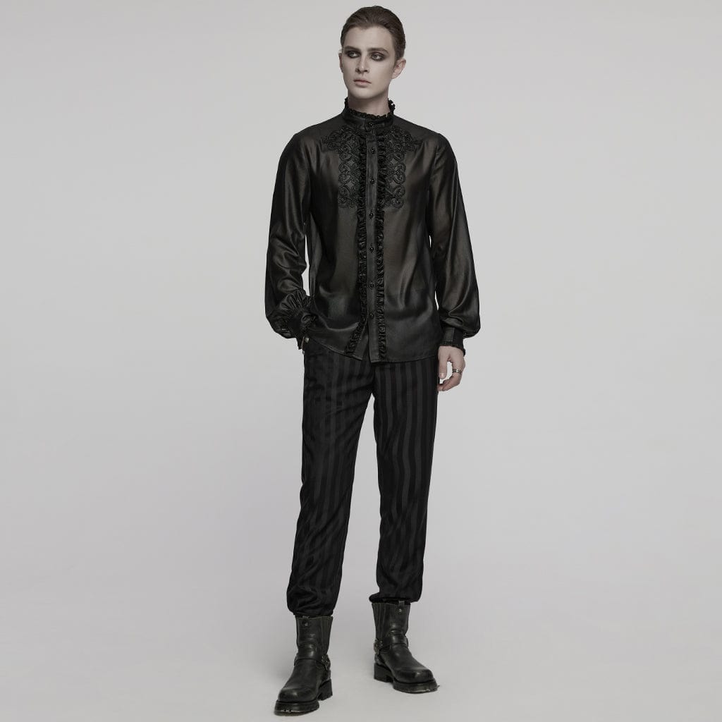PUNK RAVE Men's Gothic Ruffled Stand Collar Embroidered Sheer Shirt Black