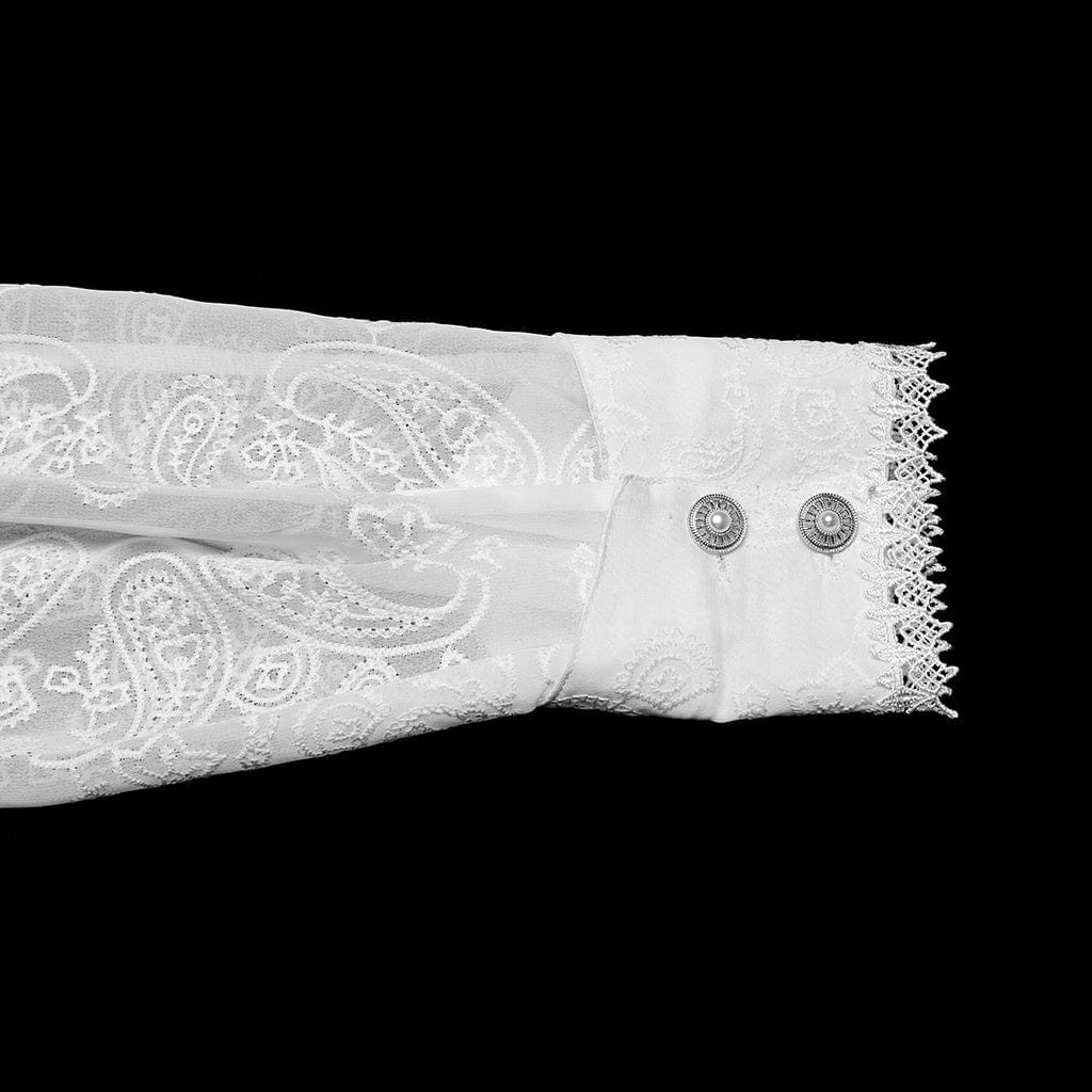 PUNK RAVE Men's Gothic Ruffled Stand Collar Embroidered Sheer Shirt White