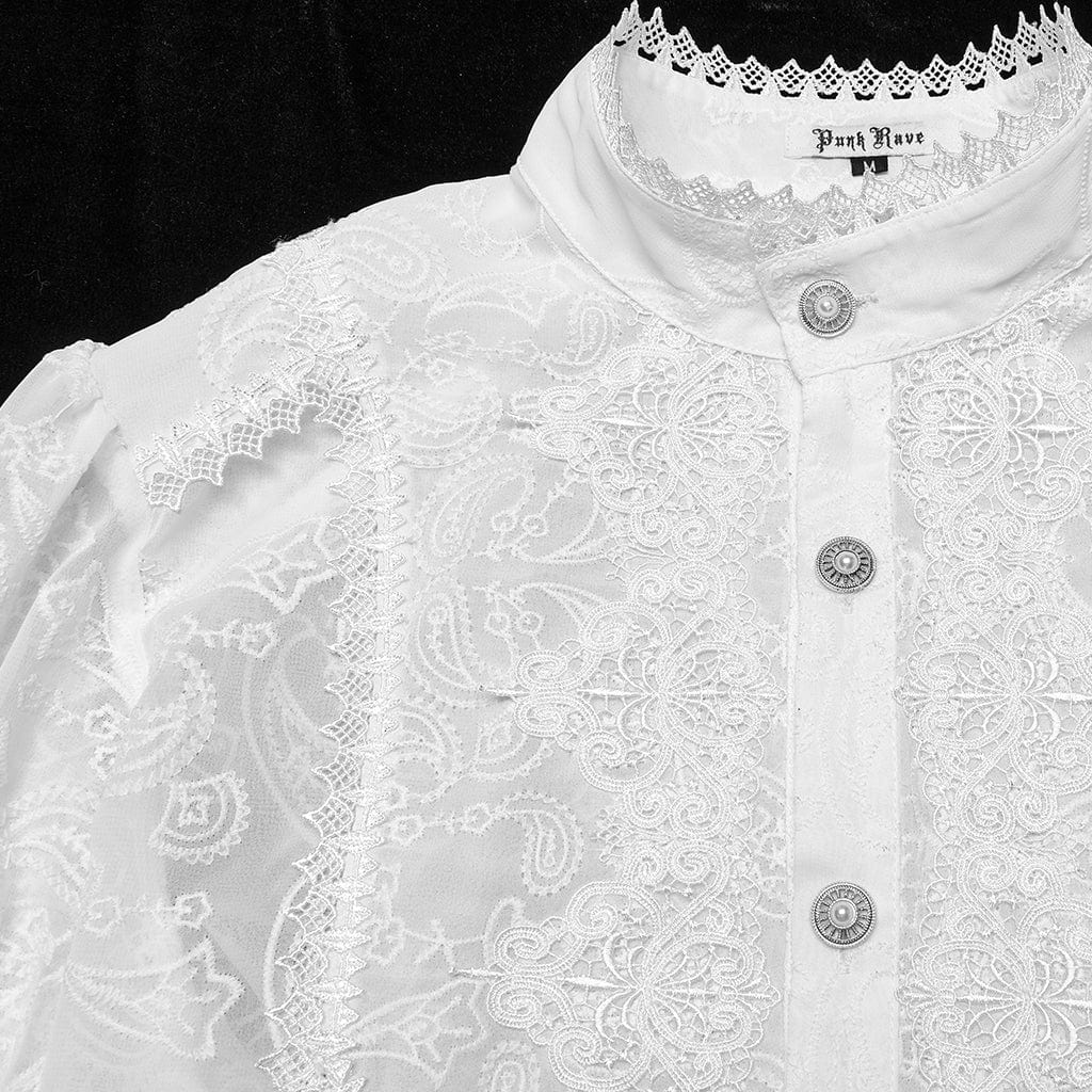 PUNK RAVE Men's Gothic Ruffled Stand Collar Embroidered Sheer Shirt White