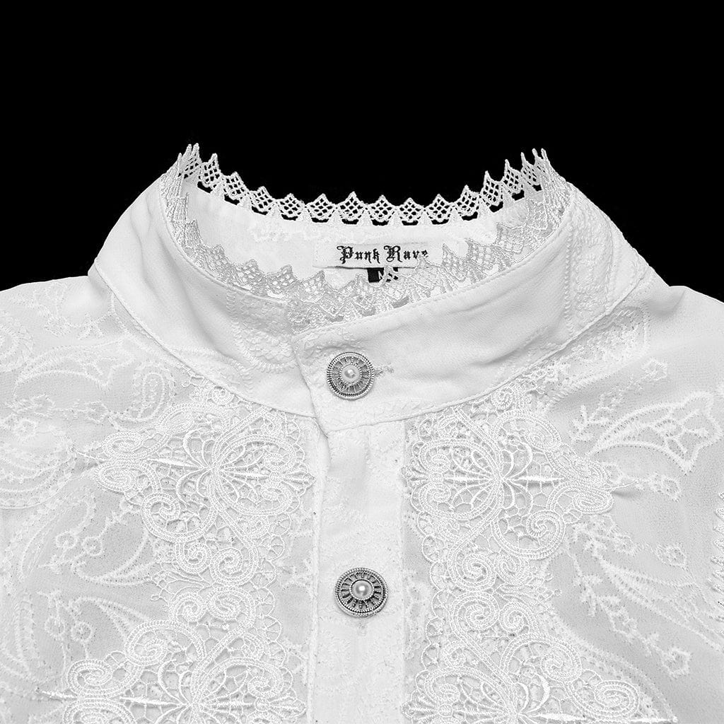 PUNK RAVE Men's Gothic Ruffled Stand Collar Embroidered Sheer Shirt White