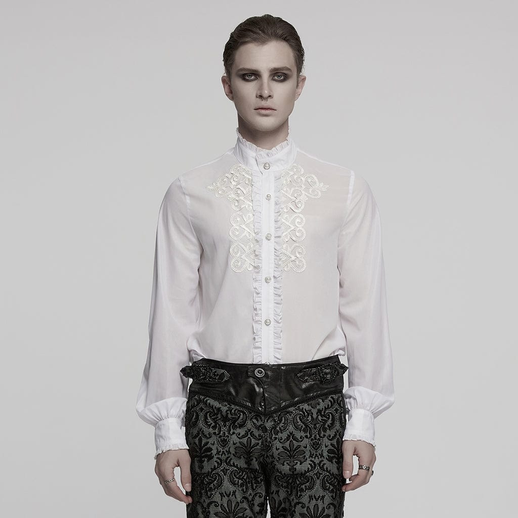 PUNK RAVE Men's Gothic Ruffled Stand Collar Embroidered Sheer Shirt White