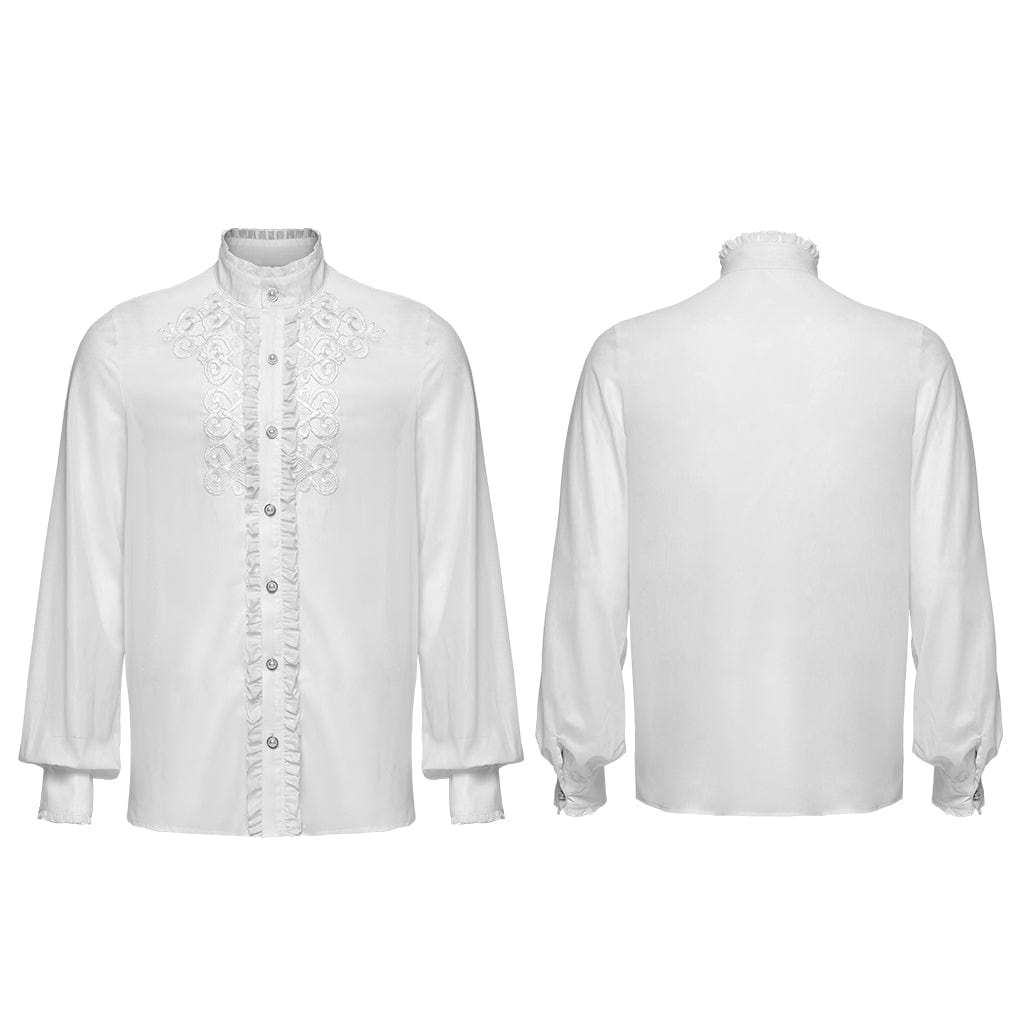 PUNK RAVE Men's Gothic Ruffled Stand Collar Embroidered Sheer Shirt White