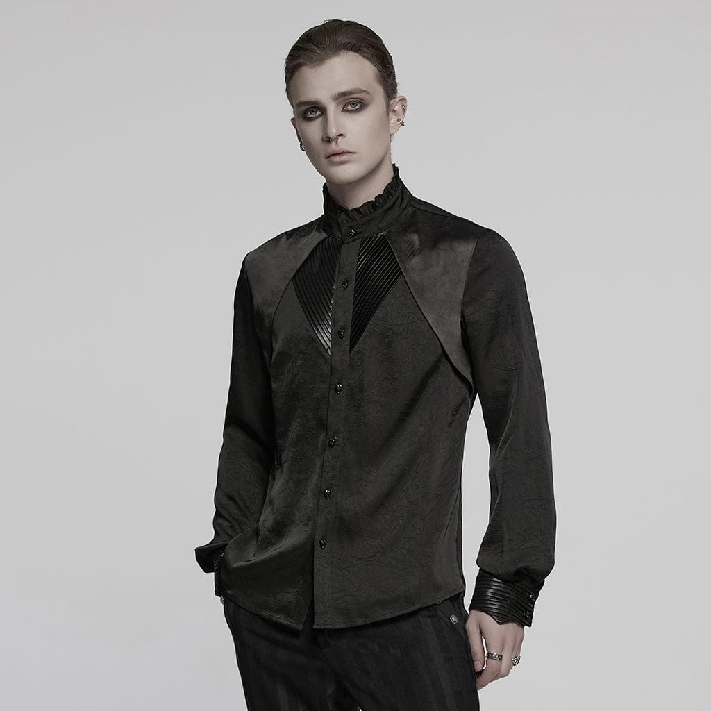 PUNK RAVE Men's Gothic Ruffled Stand Collar Pleated Shirt Black