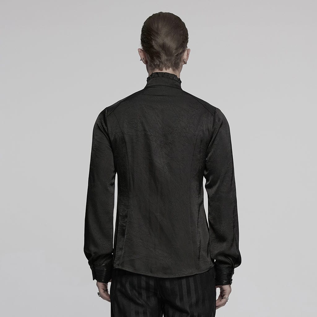 PUNK RAVE Men's Gothic Ruffled Stand Collar Pleated Shirt Black