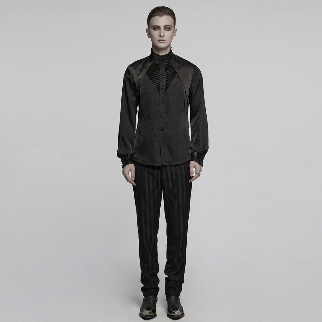 PUNK RAVE Men's Gothic Ruffled Stand Collar Pleated Shirt Black