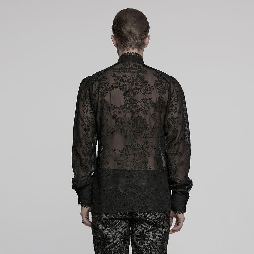 PUNK RAVE Men's Gothic Stand Collar Embroidered Sheer Chiffon Shirt Black