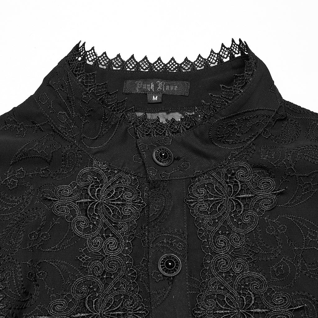 PUNK RAVE Men's Gothic Stand Collar Embroidered Sheer Chiffon Shirt Black