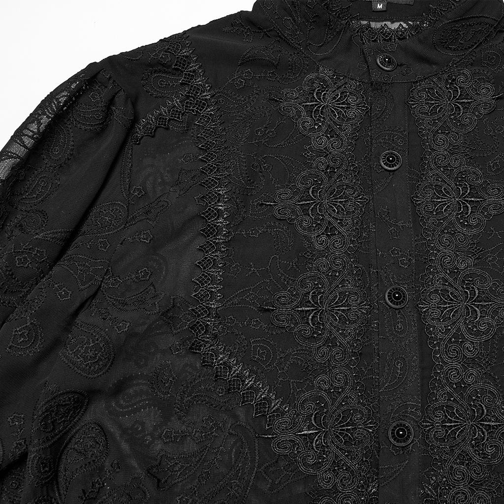 PUNK RAVE Men's Gothic Stand Collar Embroidered Sheer Chiffon Shirt Black