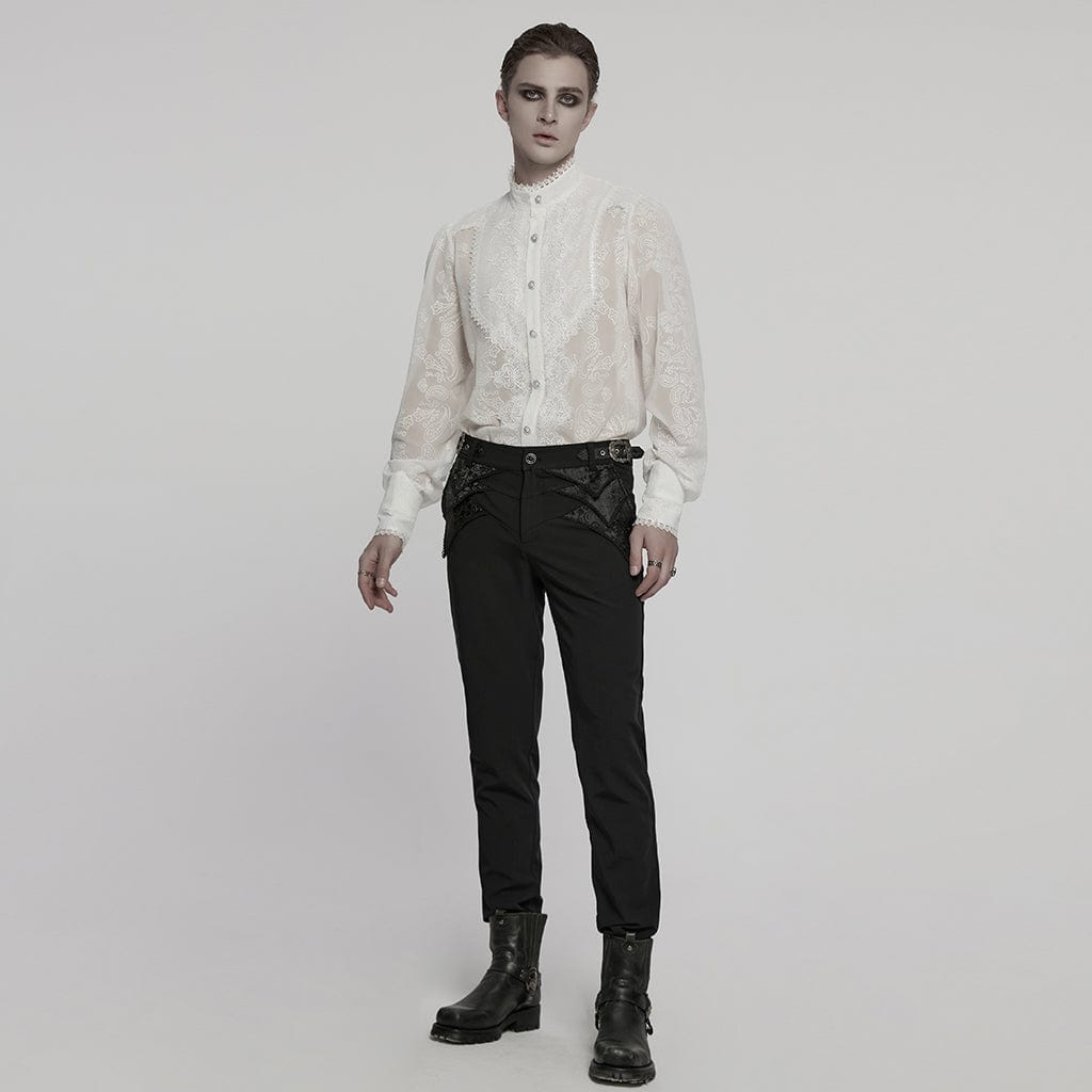 PUNK RAVE Men's Gothic Stand Collar Embroidered Sheer Chiffon Shirt White