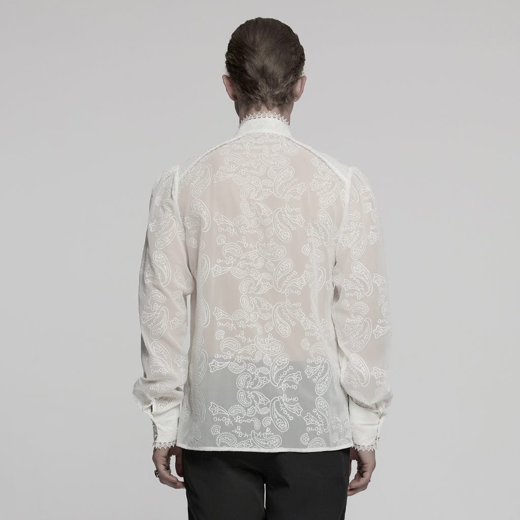 PUNK RAVE Men's Gothic Stand Collar Embroidered Sheer Chiffon Shirt White