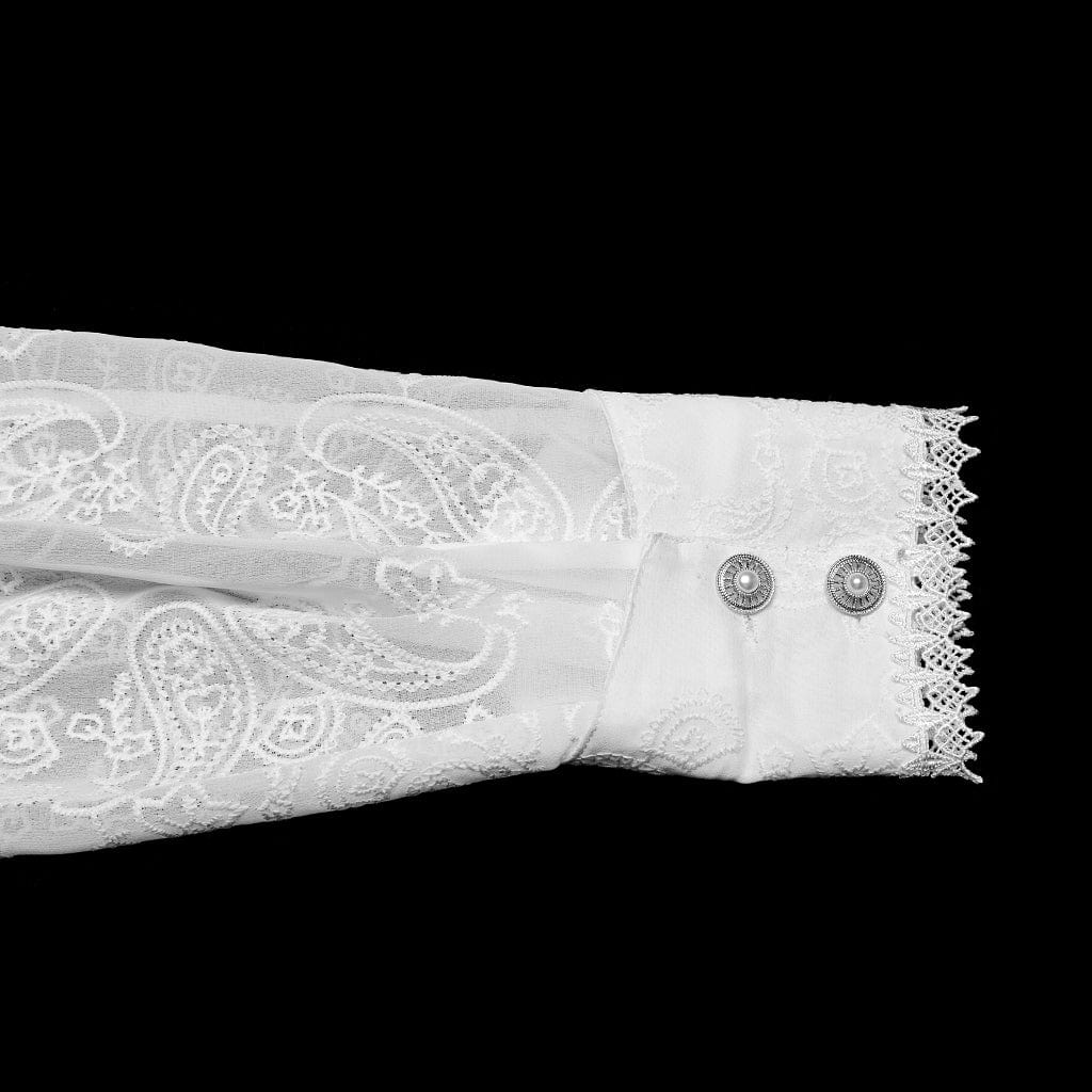 PUNK RAVE Men's Gothic Stand Collar Embroidered Sheer Chiffon Shirt White