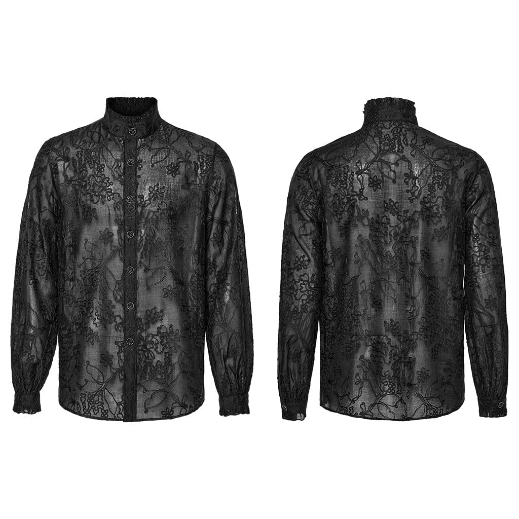 PUNK RAVE Men's Gothic Stand Collar Floral Embroidered Shirt