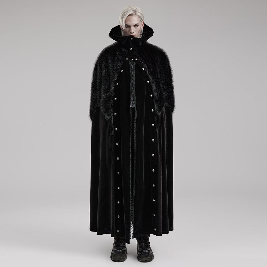 PUNK RAVE Men's Gothic Stand Collar Irregular Plush Splicing Cloak