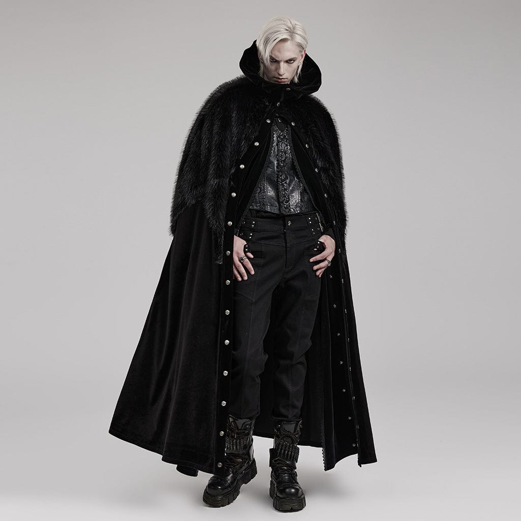 PUNK RAVE Men's Gothic Stand Collar Irregular Plush Splicing Cloak