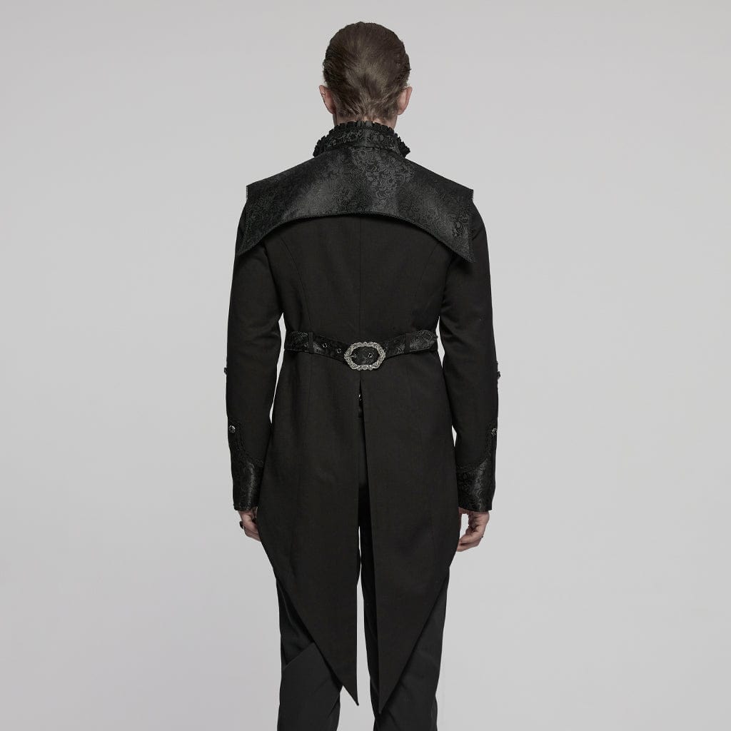 PUNK RAVE Men's Gothic Stand Collar Jacquard Splice Swallow-tailed Coat