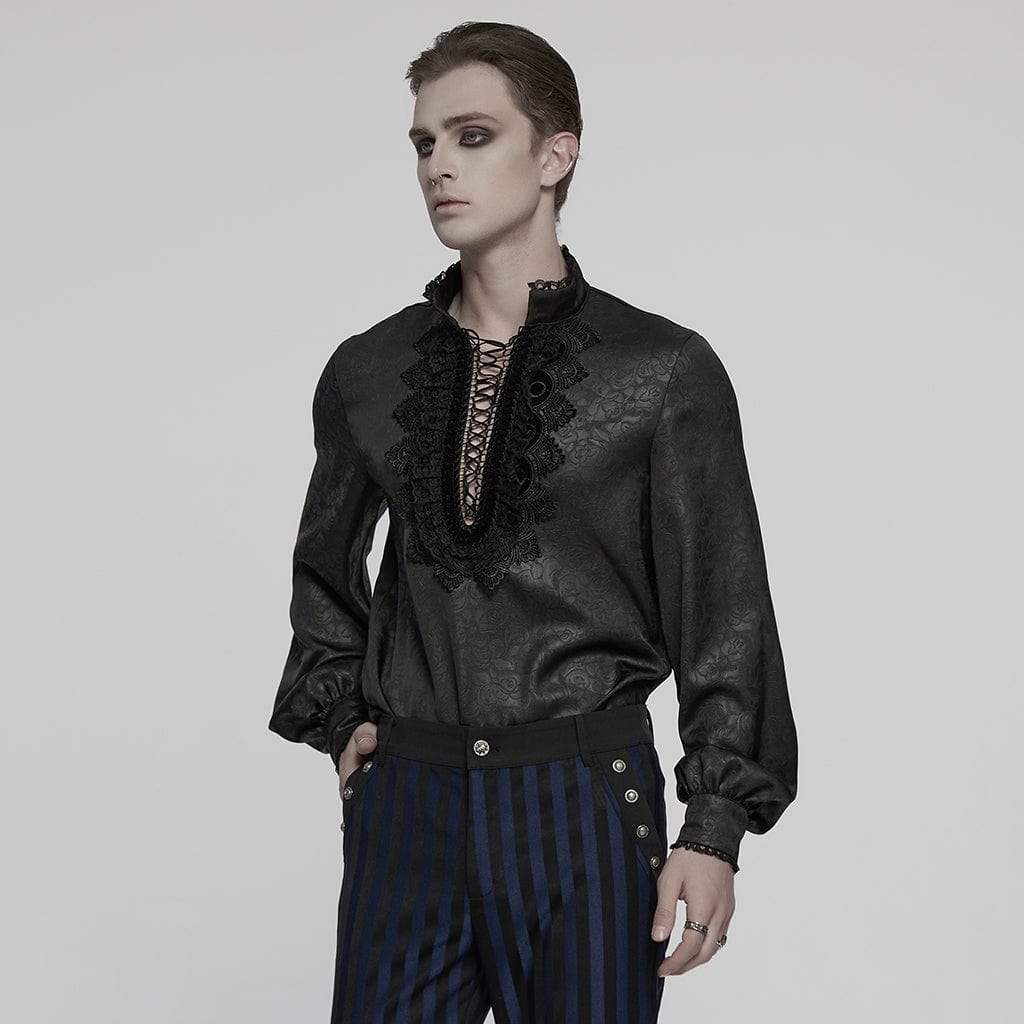 PUNK RAVE Men's Gothic Stand Collar Plunging Rose Shirt Black