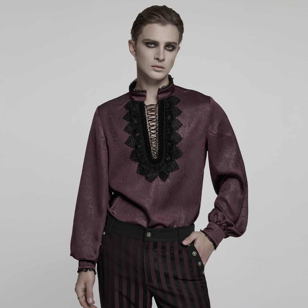 PUNK RAVE Men's Gothic Stand Collar Plunging Rose Shirt Red