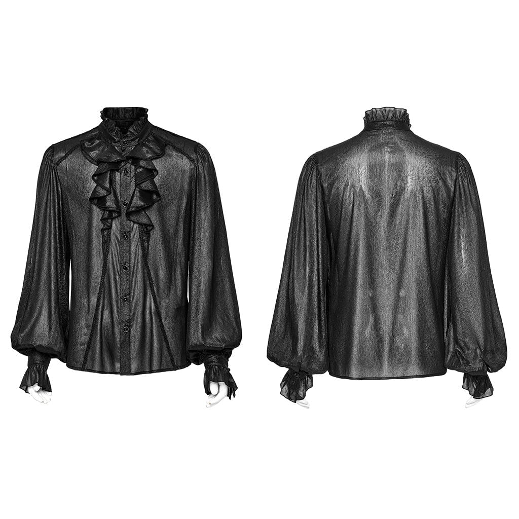PUNK RAVE Men's Gothic Stand Collar Puff Sleeved Ruffled Shirt