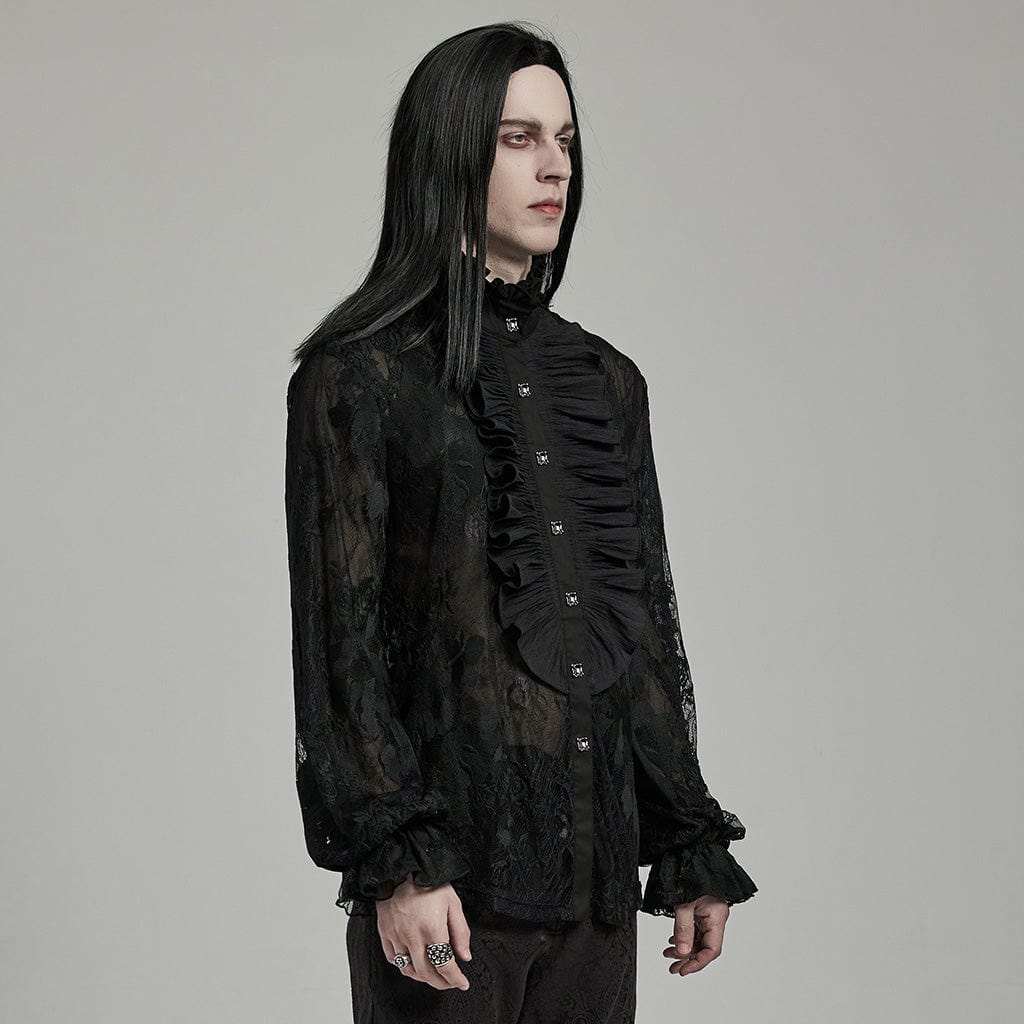 PUNK RAVE Men's Gothic Stand Collar Ruffled Lace Shirt