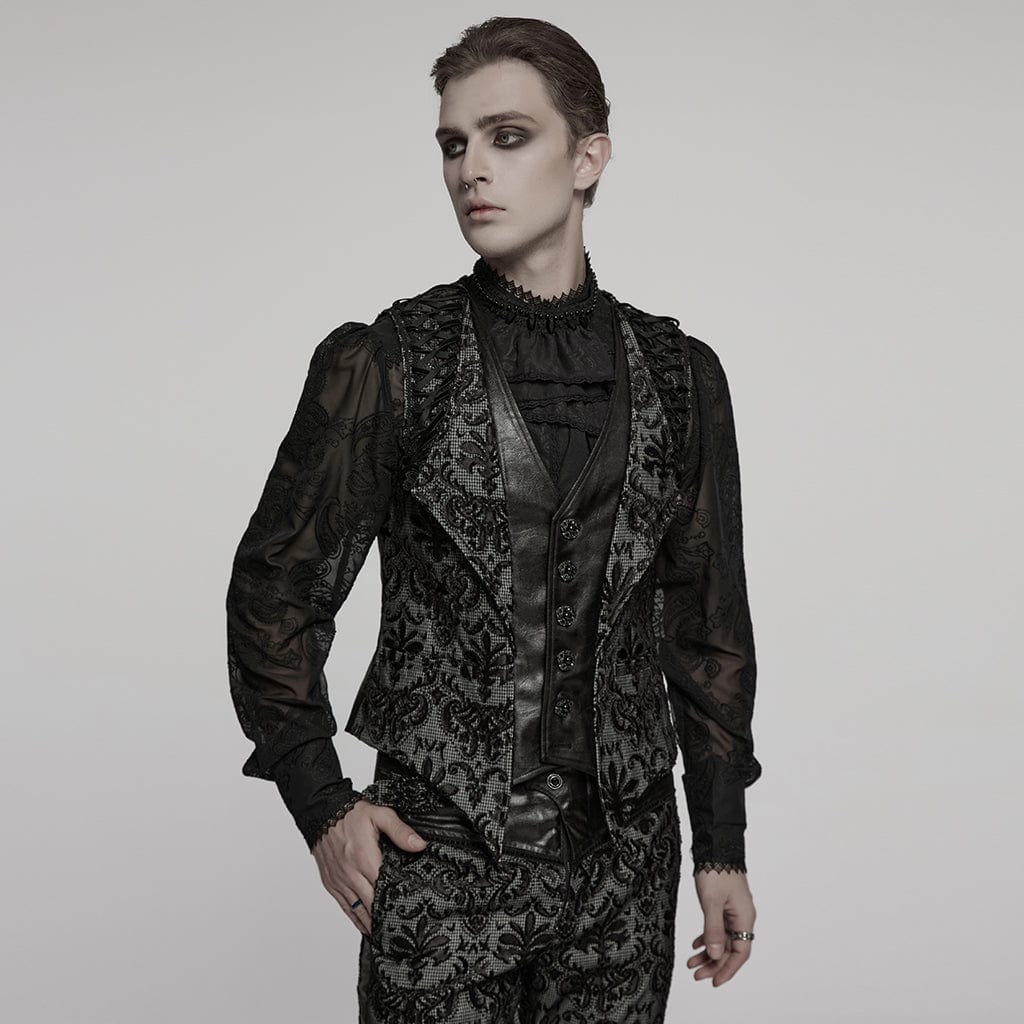 PUNK RAVE Men's Gothic Strappy Floral Embroidered Waistcoat