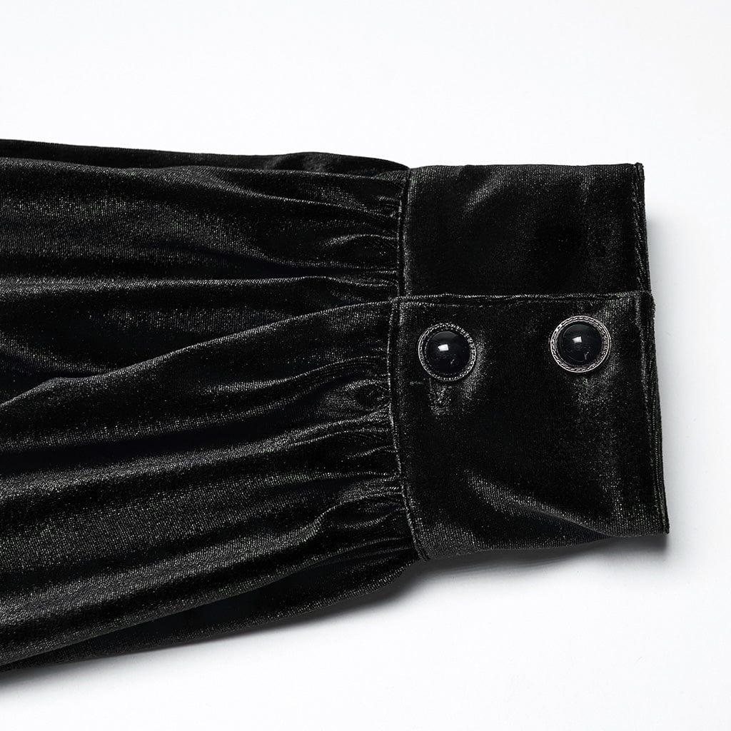 PUNK RAVE Men's Gothic Turn-down Collar Puff Sleeved Velvet Shirt Black