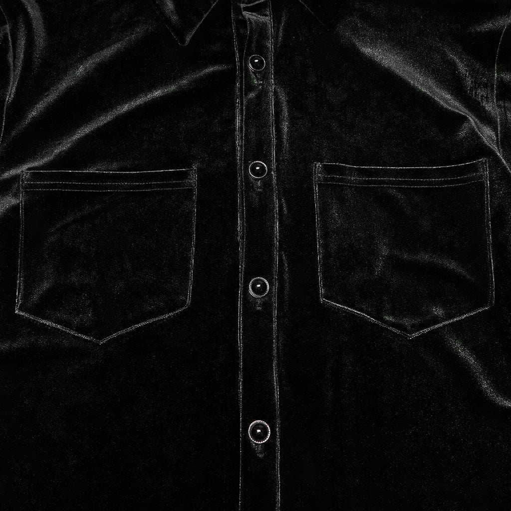PUNK RAVE Men's Gothic Turn-down Collar Puff Sleeved Velvet Shirt Black