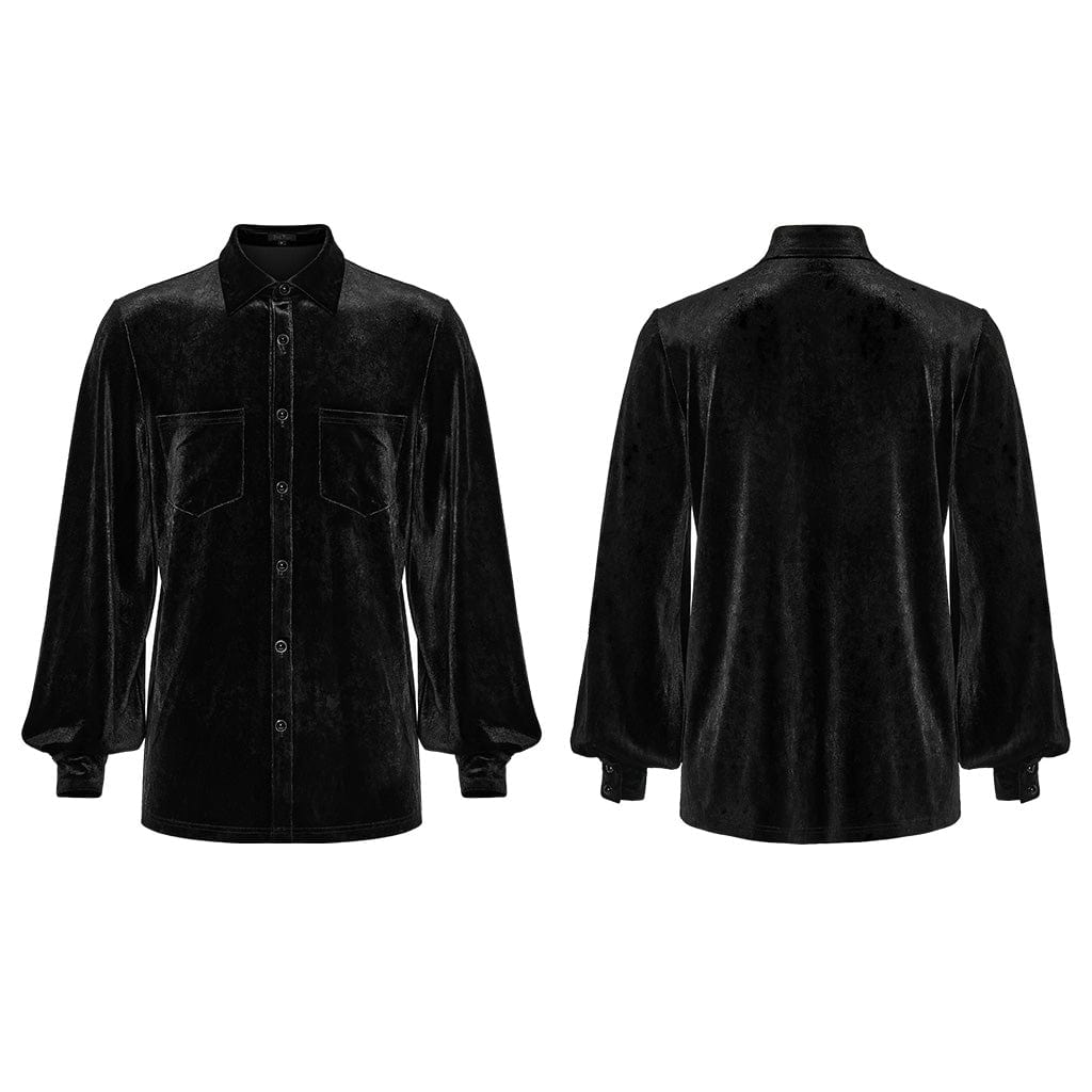 PUNK RAVE Men's Gothic Turn-down Collar Puff Sleeved Velvet Shirt Black