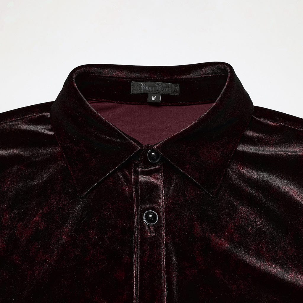 PUNK RAVE Men's Gothic Turn-down Collar Puff Sleeved Velvet Shirt Black-Red