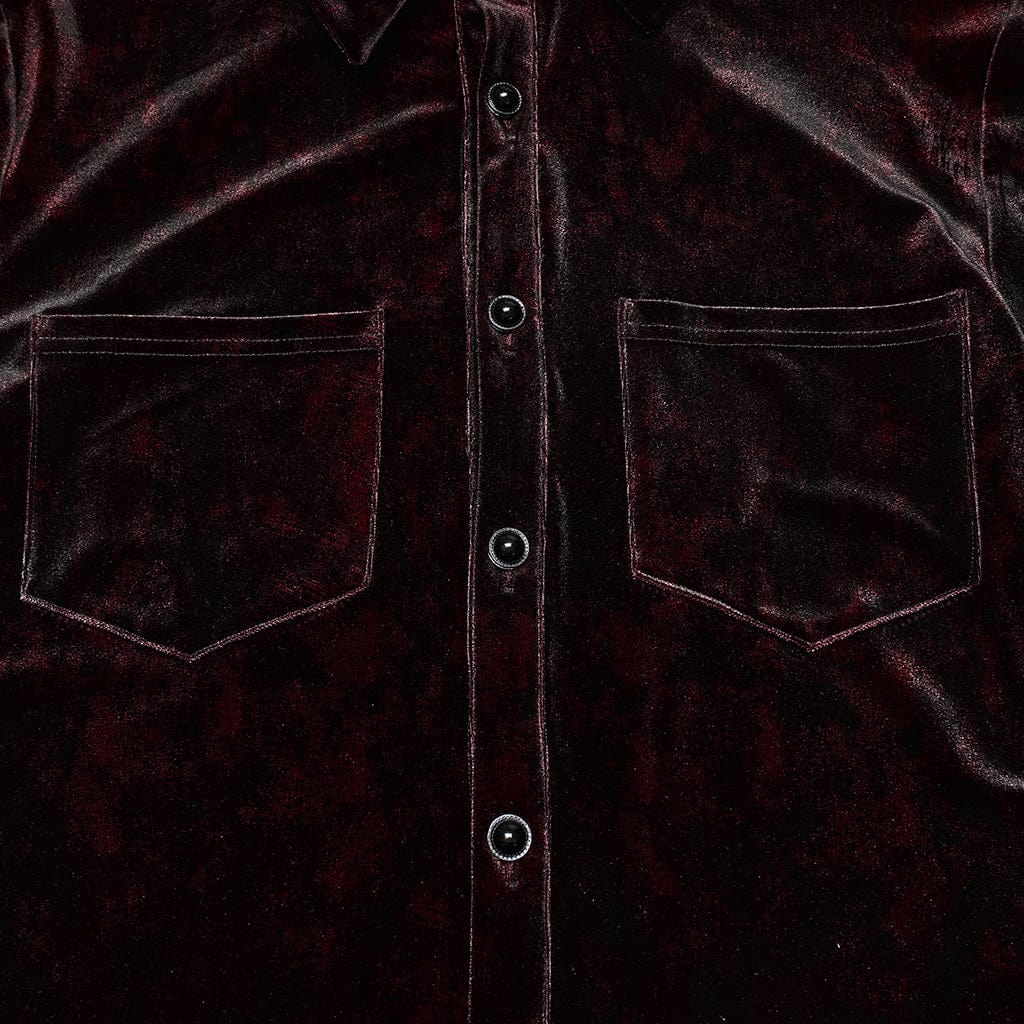 PUNK RAVE Men's Gothic Turn-down Collar Puff Sleeved Velvet Shirt Black-Red