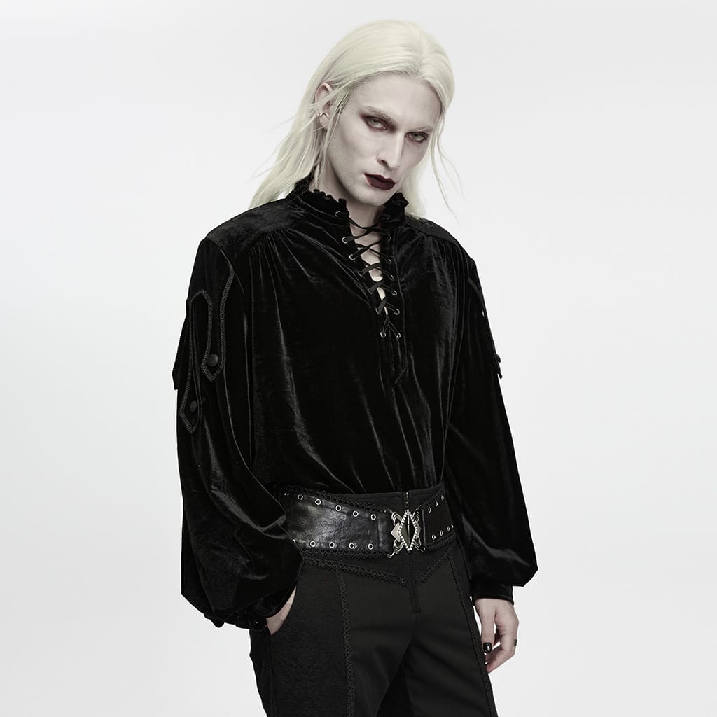 PUNK RAVE Men's Gothic Velvet Lace-up Stand Collar Lantern Sleeve Top