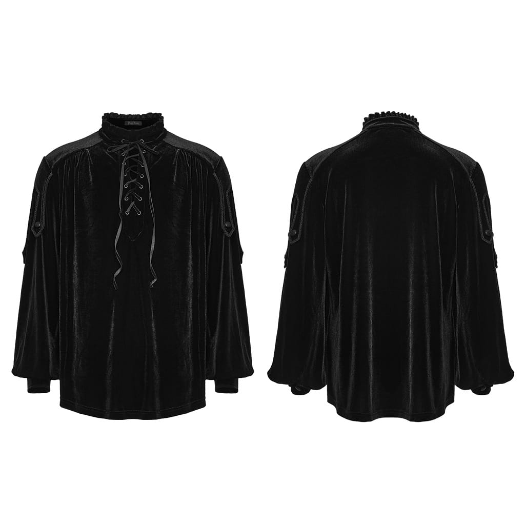 PUNK RAVE Men's Gothic Velvet Lace-up Stand Collar Lantern Sleeve Top