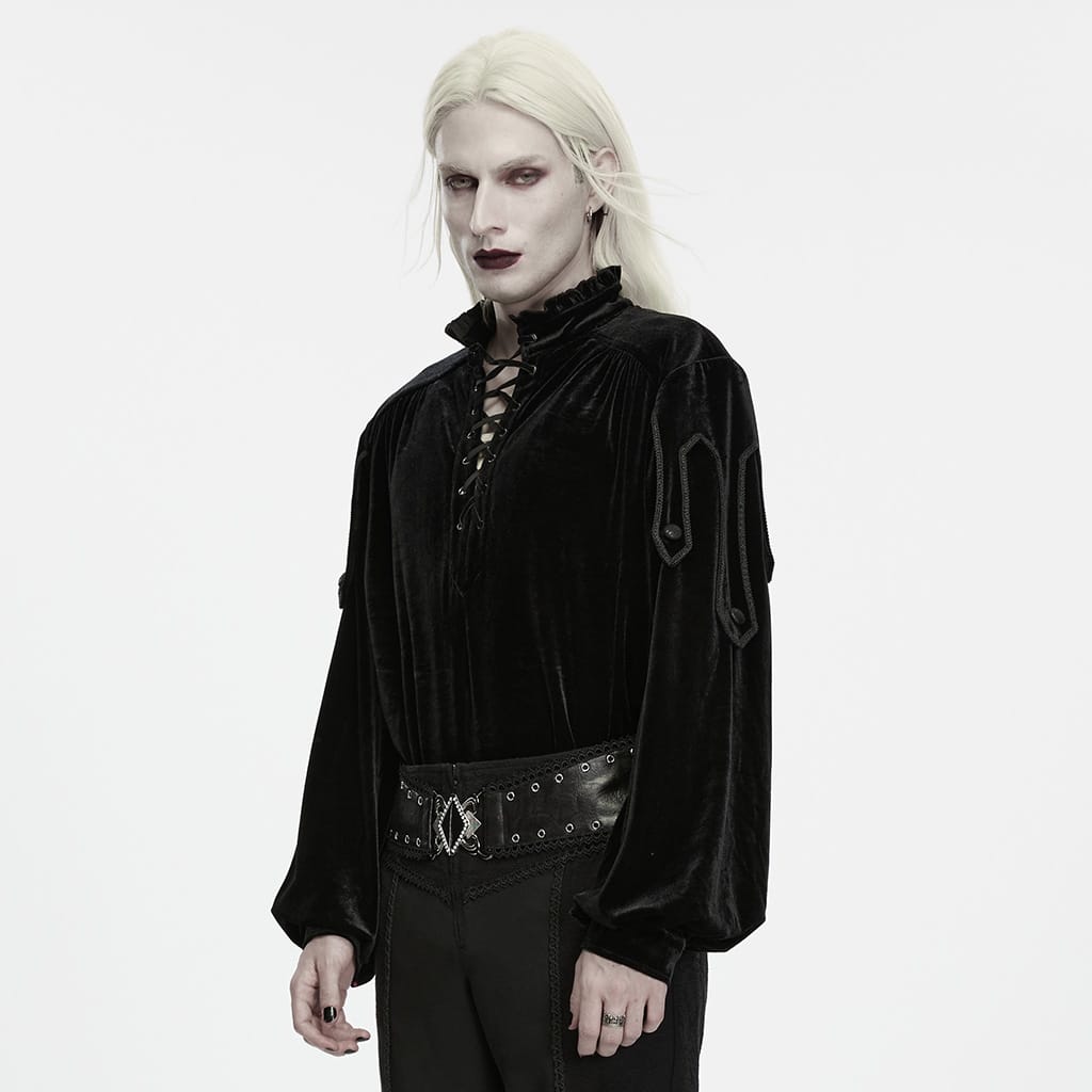 PUNK RAVE Men's Gothic Velvet Lace-up Stand Collar Lantern Sleeve Top