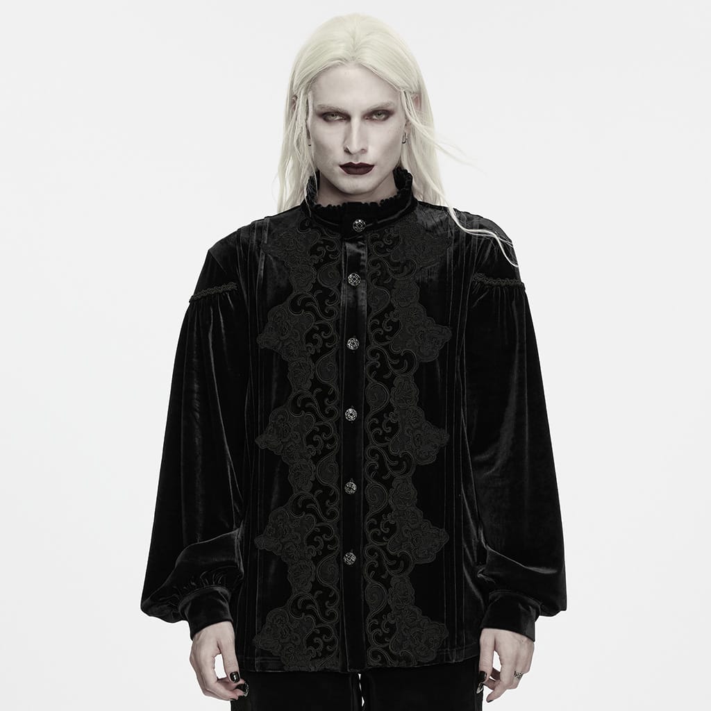 PUNK RAVE Men's Gothic Velvet Ruffled Mock Neck Lantern Sleeve Shirt Black