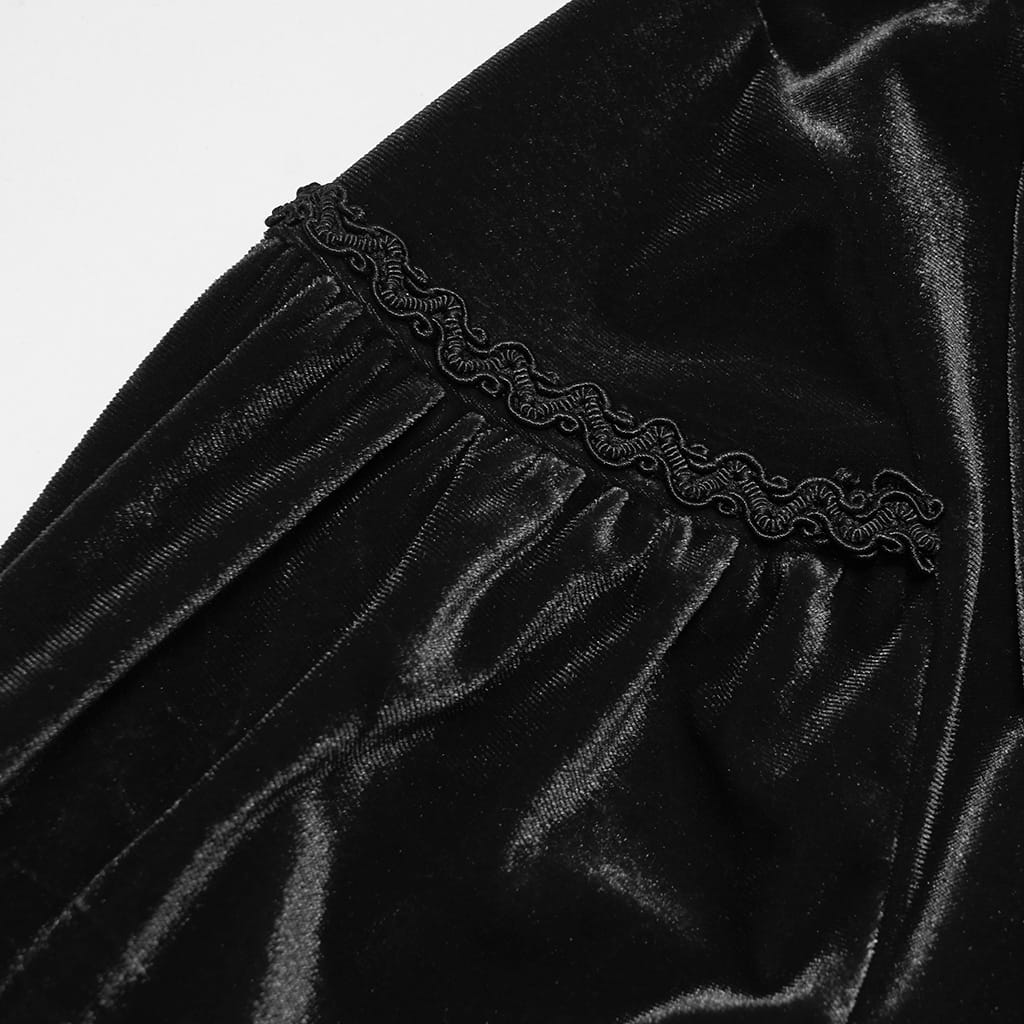 PUNK RAVE Men's Gothic Velvet Ruffled Mock Neck Lantern Sleeve Shirt Black