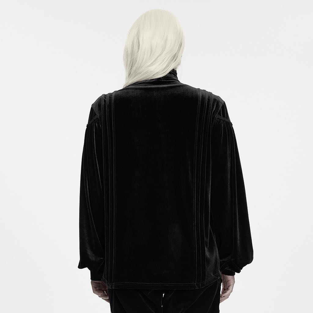 PUNK RAVE Men's Gothic Velvet Ruffled Mock Neck Lantern Sleeve Shirt Black