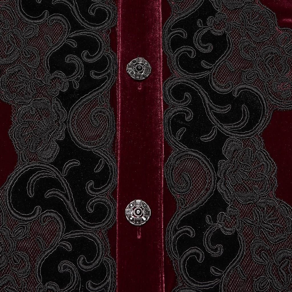 PUNK RAVE Men's Gothic Velvet Ruffled Mock Neck Lantern Sleeve Shirt Red