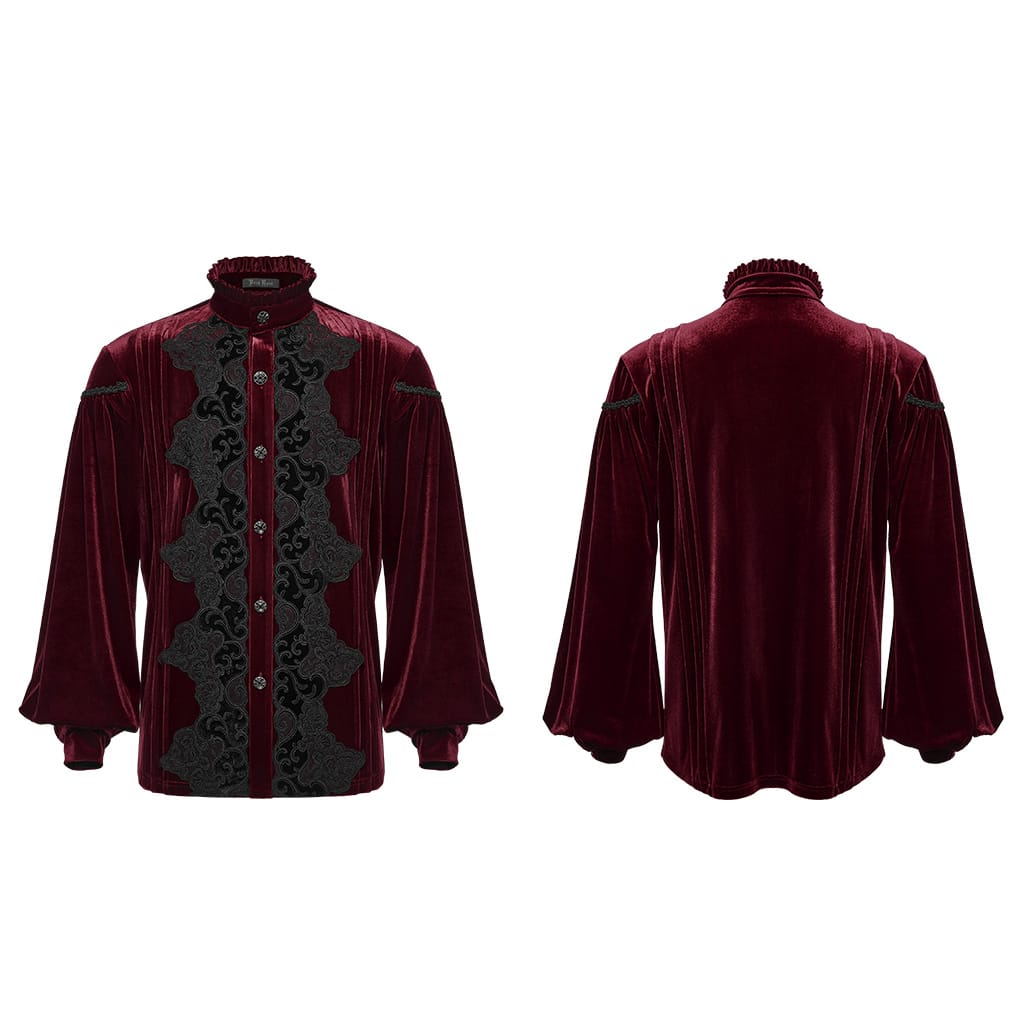PUNK RAVE Men's Gothic Velvet Ruffled Mock Neck Lantern Sleeve Shirt Red