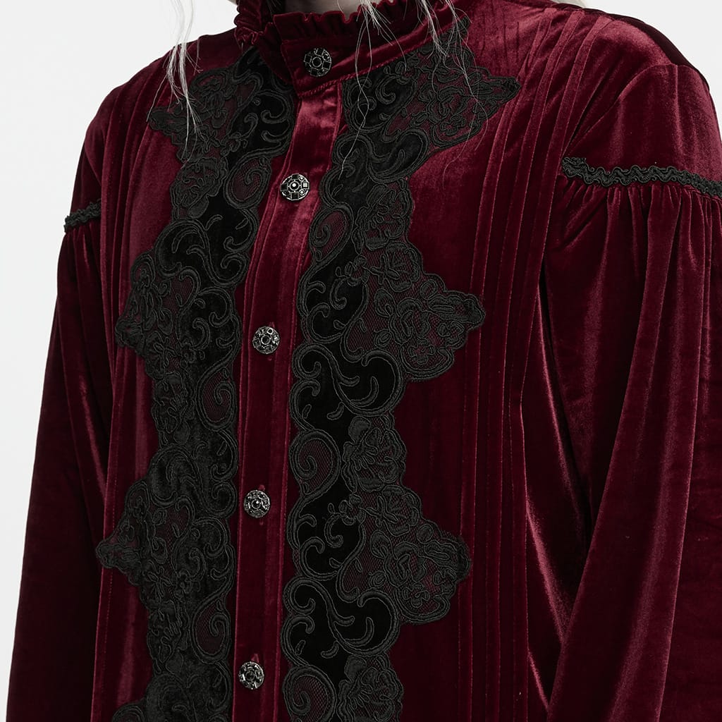 PUNK RAVE Men's Gothic Velvet Ruffled Mock Neck Lantern Sleeve Shirt Red