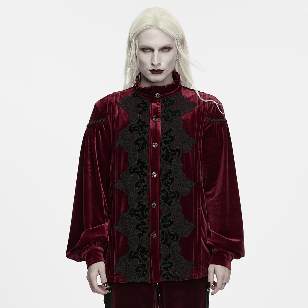 PUNK RAVE Men's Gothic Velvet Ruffled Mock Neck Lantern Sleeve Shirt Red
