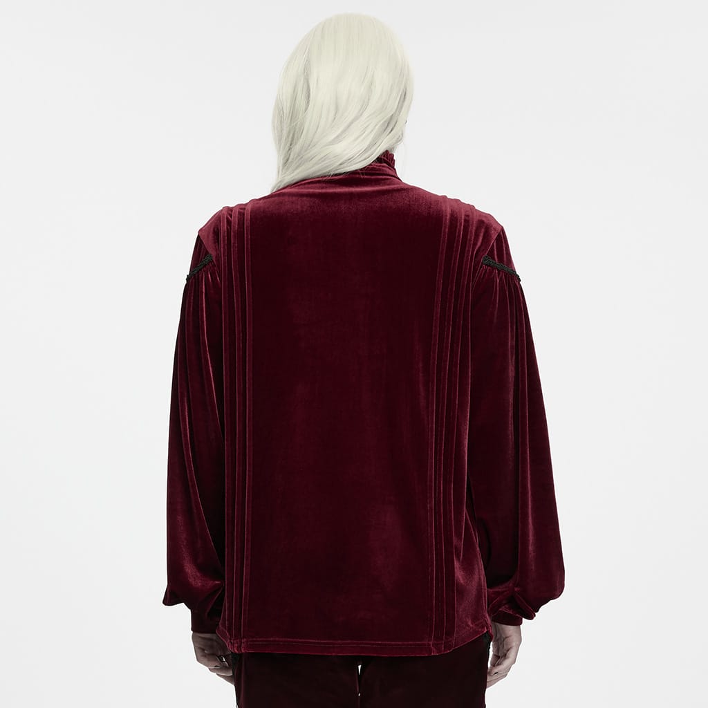 PUNK RAVE Men's Gothic Velvet Ruffled Mock Neck Lantern Sleeve Shirt Red