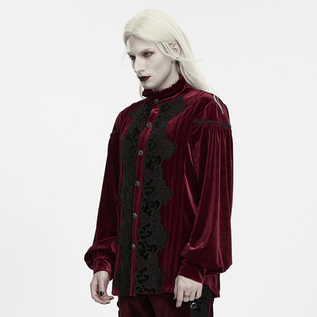 PUNK RAVE Men's Gothic Velvet Ruffled Mock Neck Lantern Sleeve Shirt Red