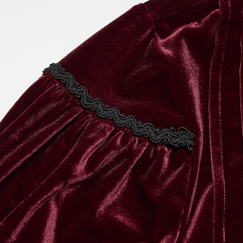 PUNK RAVE Men's Gothic Velvet Ruffled Mock Neck Lantern Sleeve Shirt Red