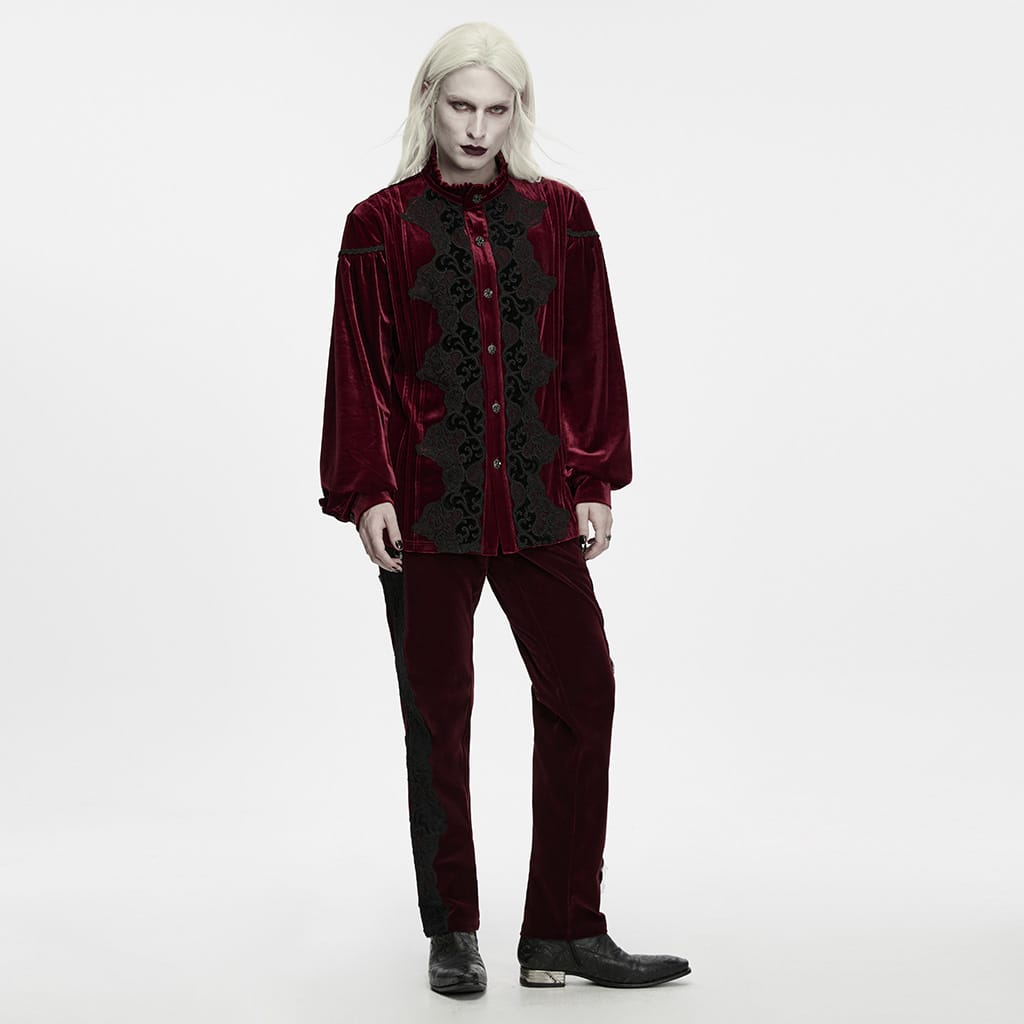 PUNK RAVE Men's Gothic Velvet Ruffled Mock Neck Lantern Sleeve Shirt Red