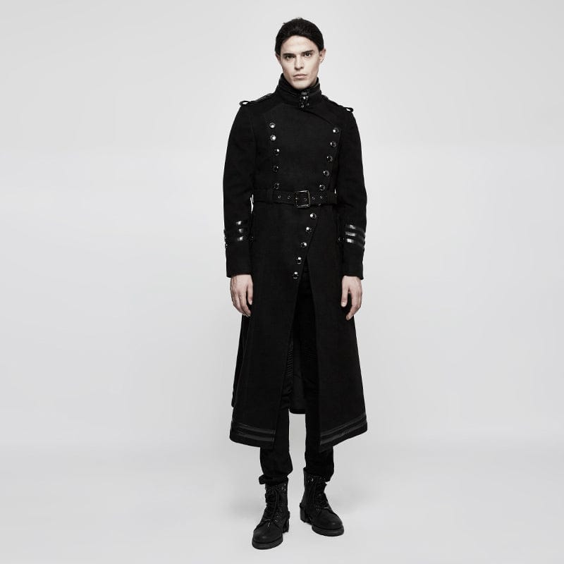 PUNK RAVE Men's Military Uniform Worsted Long Coat With Belt