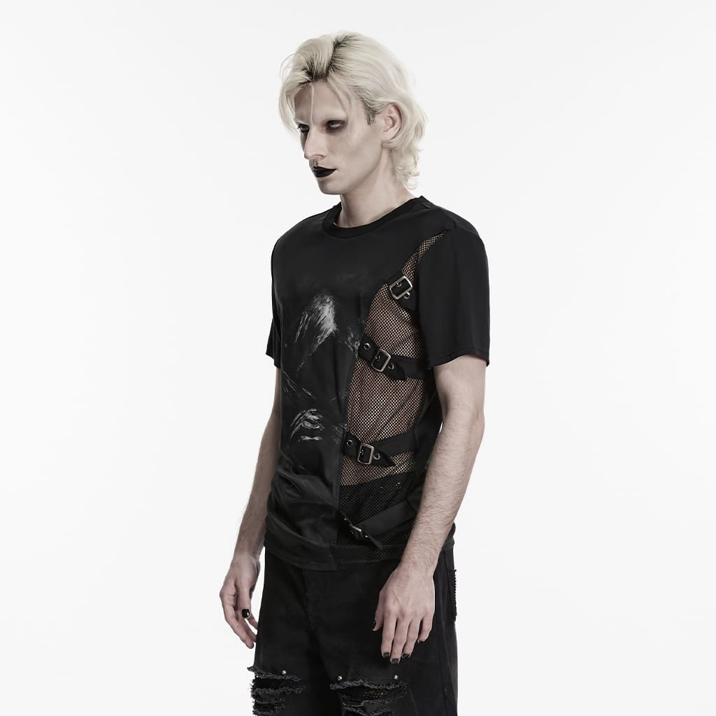 PUNK RAVE Men's Punk Asymmetric Buckle-up Straps Printed Shirt