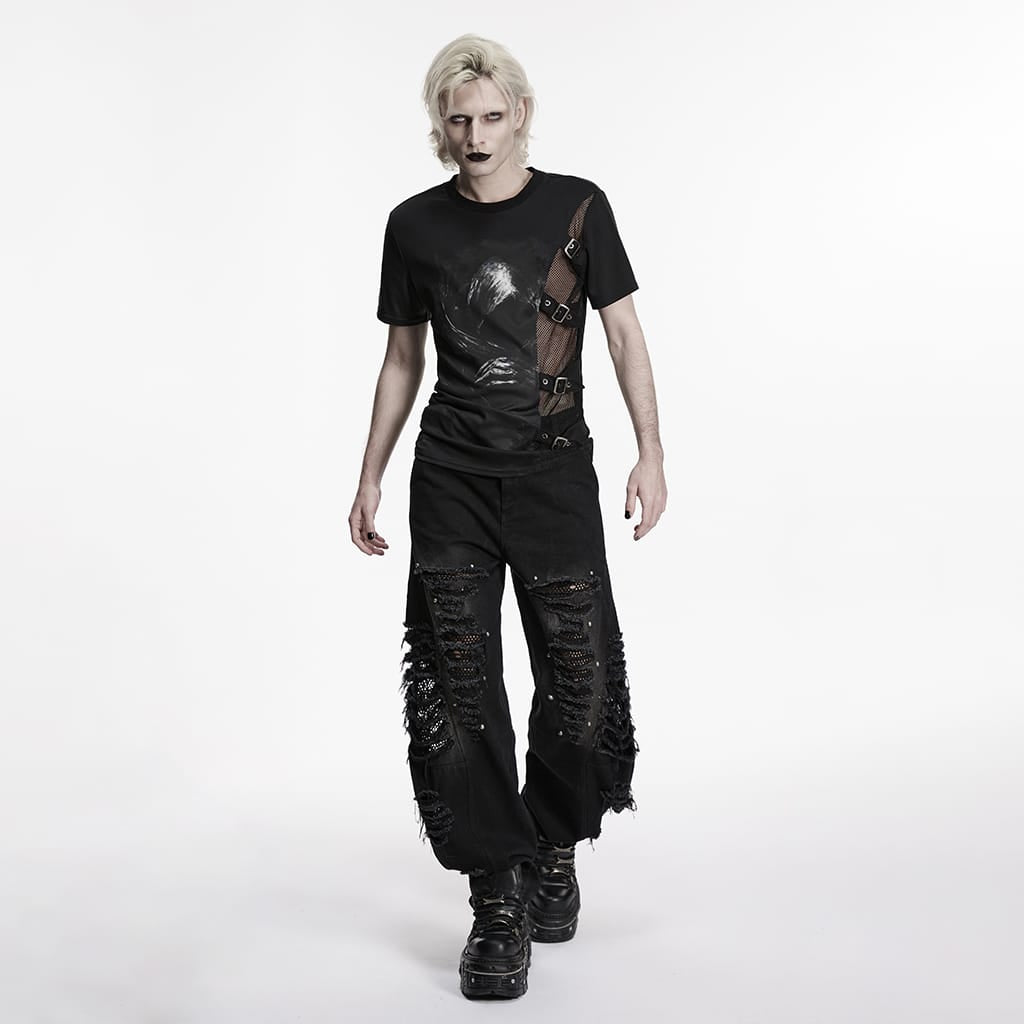 PUNK RAVE Men's Punk Asymmetric Buckle-up Straps Printed Shirt